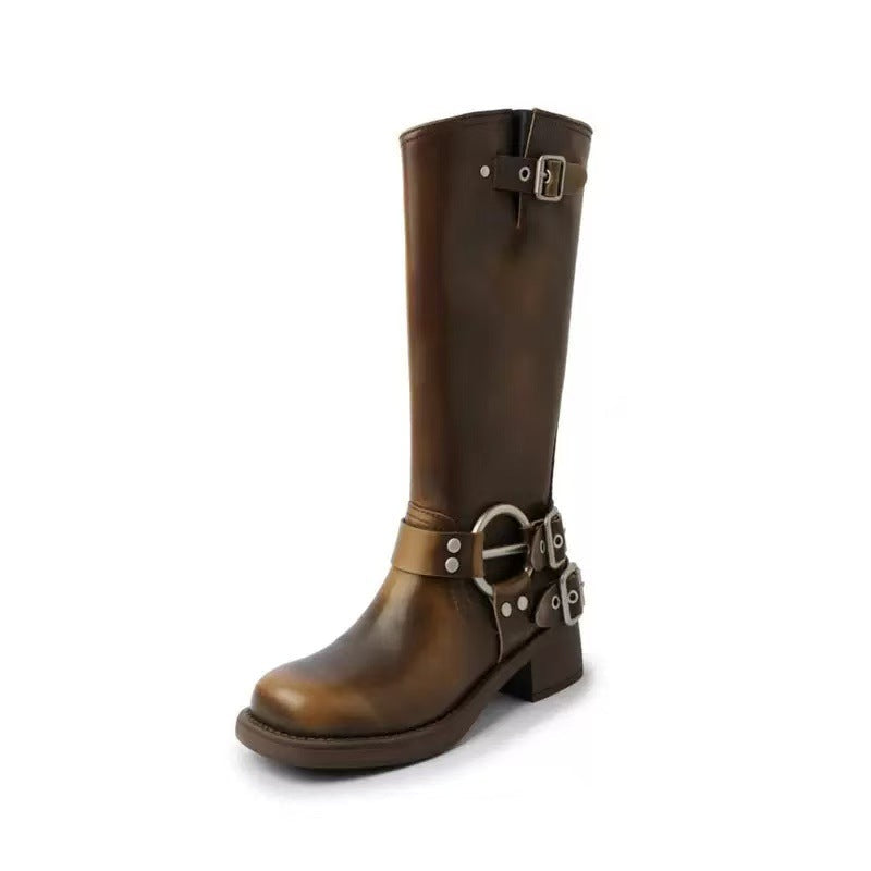 Belt Buckle Chunky Long Female Square Toe Sleeve Women's Leather Boots