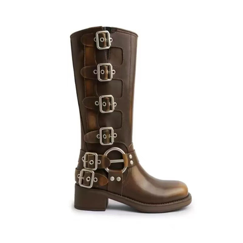 Belt Buckle Chunky Long Female Square Toe Sleeve Women's Leather Boots