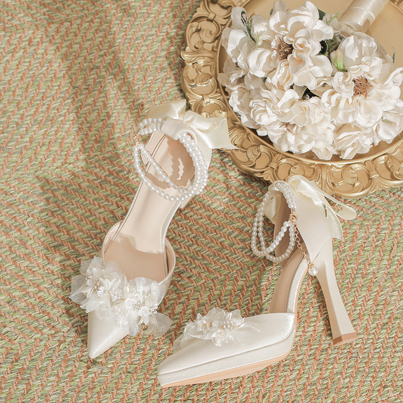 Bow Female Thick Toe Box Low-cut Waterproof Platform Bride Wedding Heels