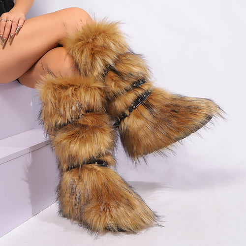 Asian Culture Belt Buckle Plush Hot Rivet Fur Large Women's Snow Boots