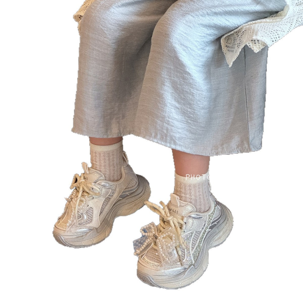 Children's Fashion Rhinestone Pearl Daddy Mesh Breathable Children's Sports Shoes