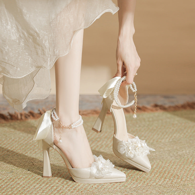 Bow Female Thick Toe Box Low-cut Waterproof Platform Bride Wedding Heels
