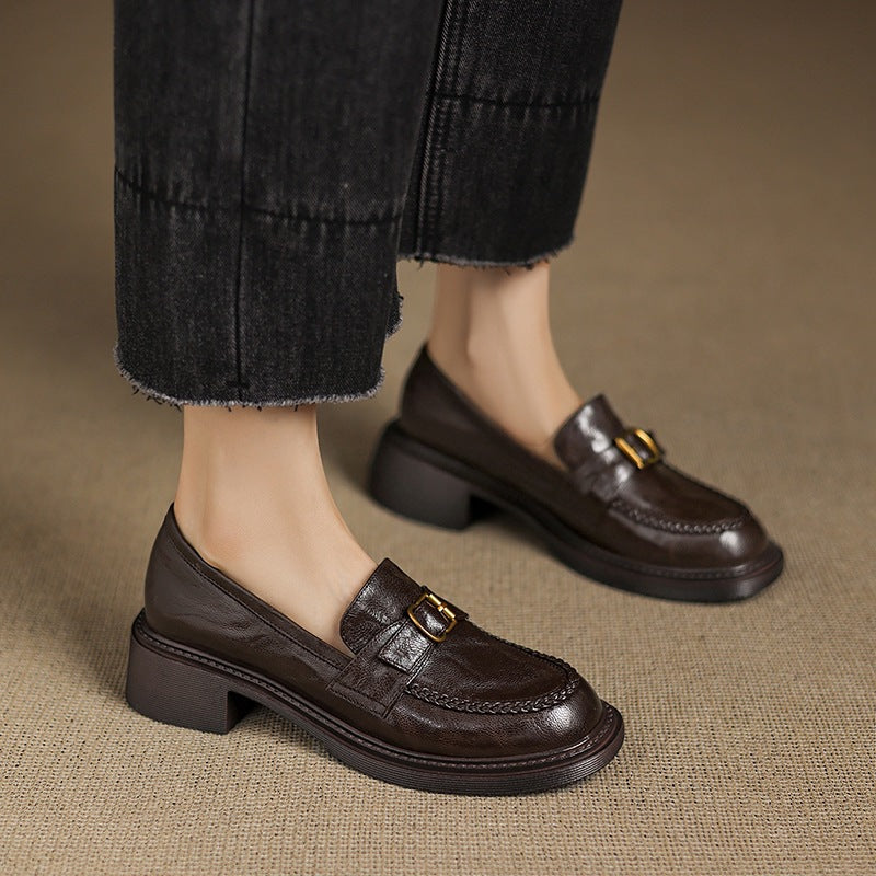 Autumn Round Head Chunky Platform Sheepskin Comfortable Female Black Heels