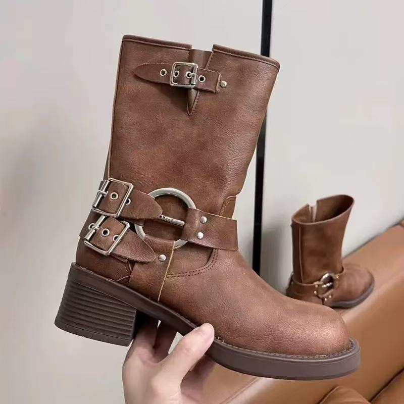 Belt Buckle Chunky Long Female Square Toe Sleeve Women's Leather Boots