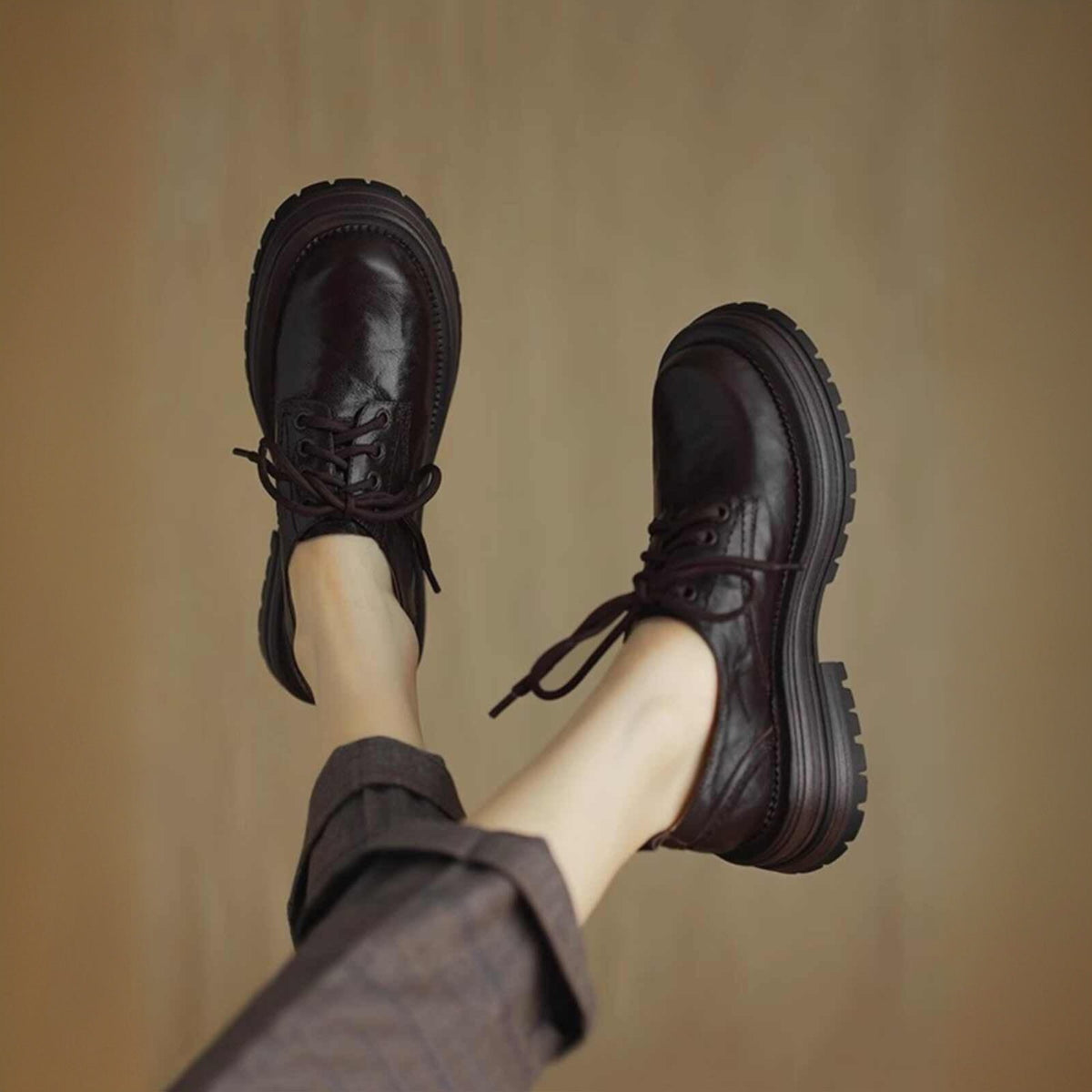 British Style Brown Round Head Thick Bottom Leather Shoes