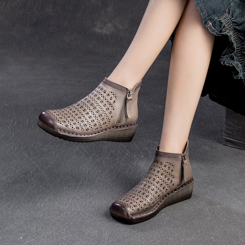 British Style Breathable Hollow Side Zipper Flat Platform Sandals