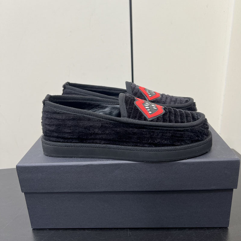 Black Corduroy Sword Red Lip Round Head Heels
