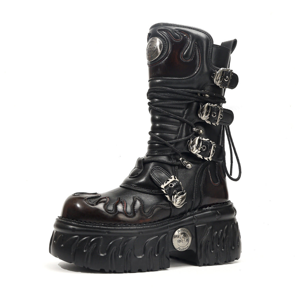Brushed Dark Punk Metal Tank Thick Bottom Side Zipper Gothic Women's Leather Boots