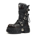 Brushed Dark Punk Metal Tank Thick Bottom Side Zipper Gothic Women's Leather Boots