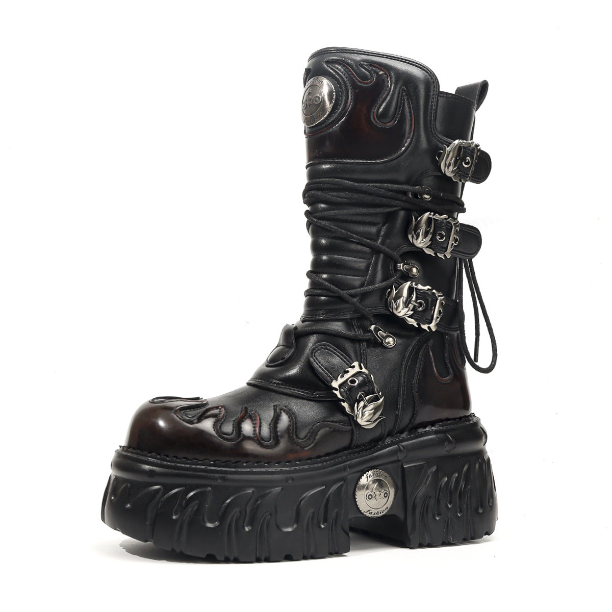 Brushed Dark Punk Metal Tank Thick Bottom Side Zipper Gothic Women's Leather Boots