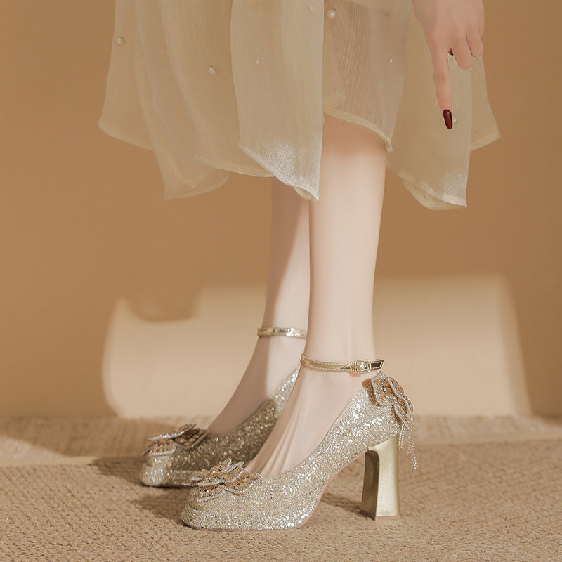 Chunky Flashing Wedding Dress Two-way Wear Not Tired Feet Square Women's Fashion Shoes