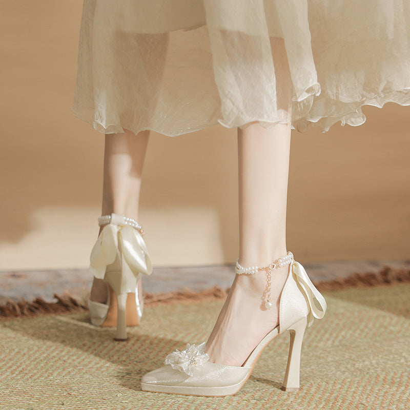 Bow Female Thick Toe Box Low-cut Waterproof Platform Bride Wedding Heels