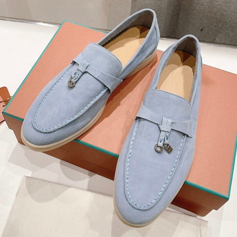 British Slip-on Lazy Pumps Deerskin Round Head Tassel Hardware Women's Casual Shoes