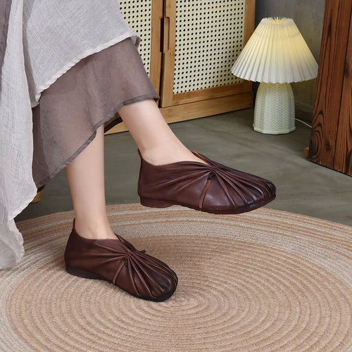 Autumn Cowhide Pleated Woven Pumps Low Soft Women's Casual Shoes