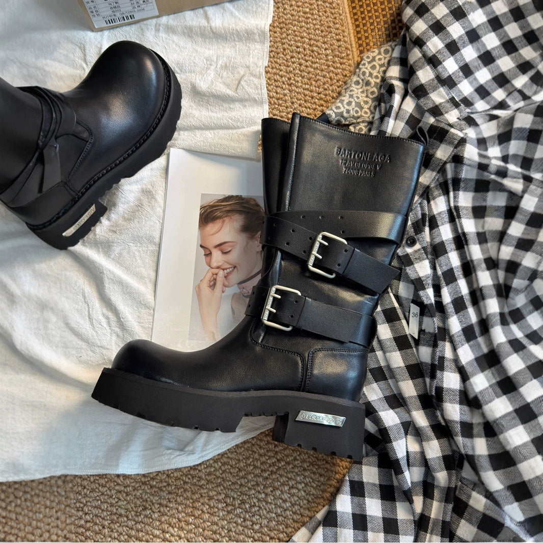 Belt Buckle Venom Big Tube Circumference Thick Bottom Height Increasing Women's Leather Boots