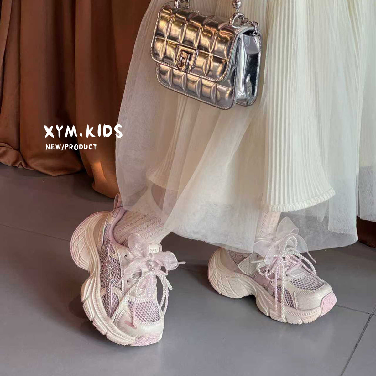Children's Single Mesh Korean Pearl Bow Rhinestone Children's Sports Shoes