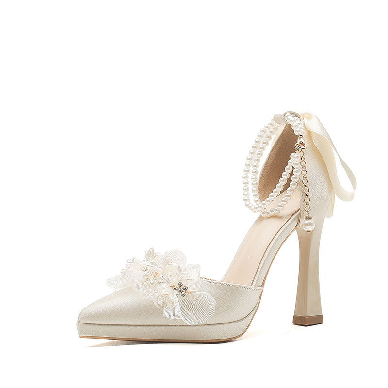 Bow Female Thick Toe Box Low-cut Waterproof Platform Bride Wedding Heels