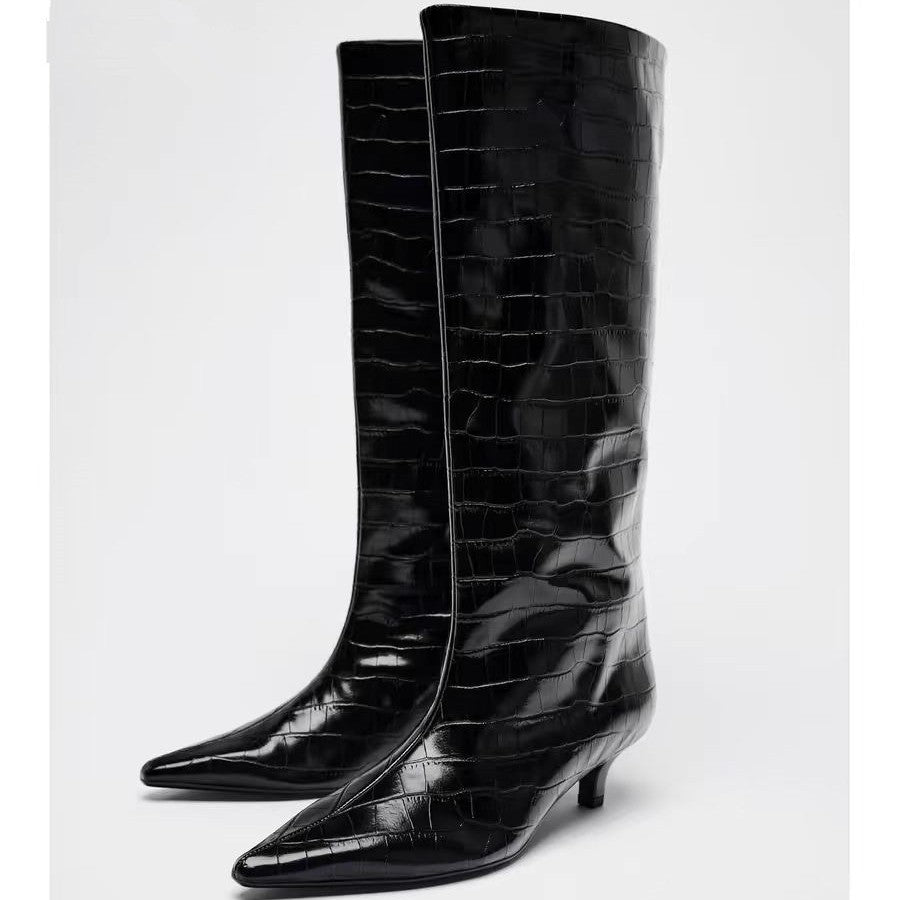 British Style Pointed Toe Below The Knee Large Circumference Women's Leather Boots