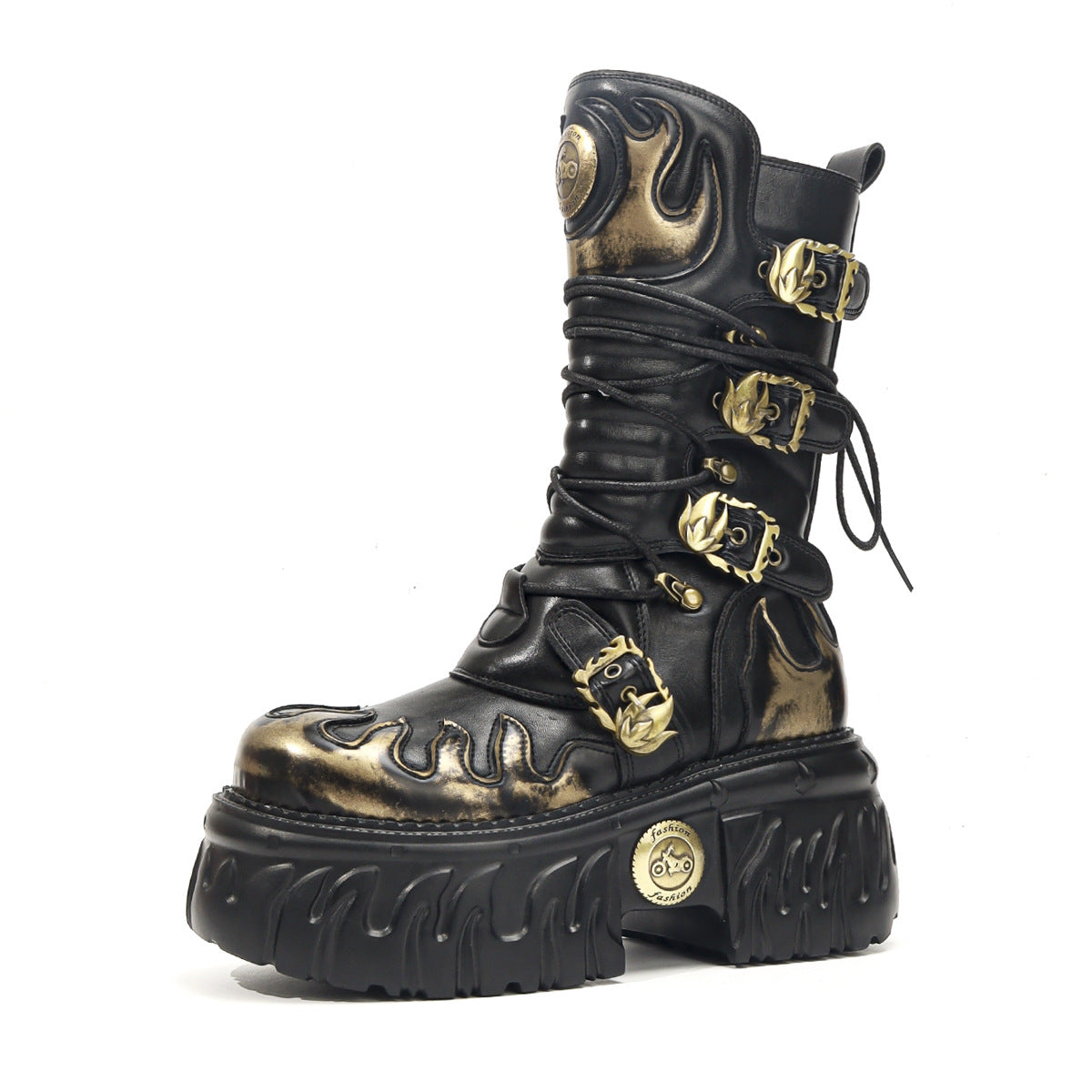 Brushed Dark Punk Metal Tank Thick Bottom Side Zipper Gothic Women's Leather Boots