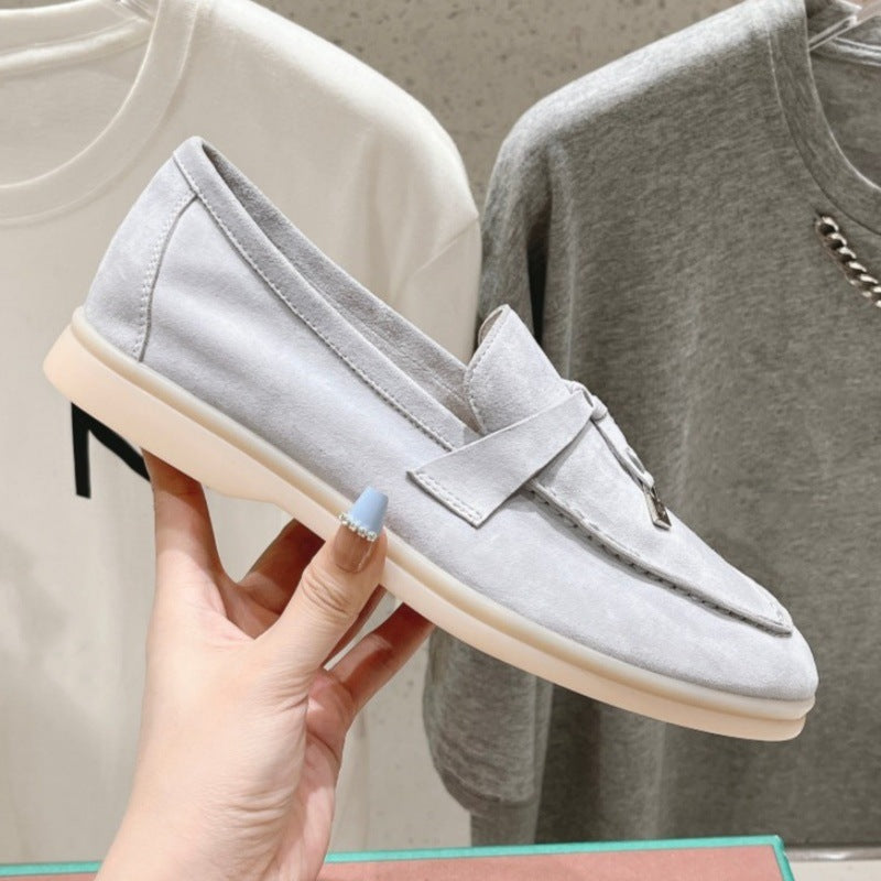 British Slip-on Lazy Pumps Deerskin Round Head Tassel Hardware Women's Casual Shoes