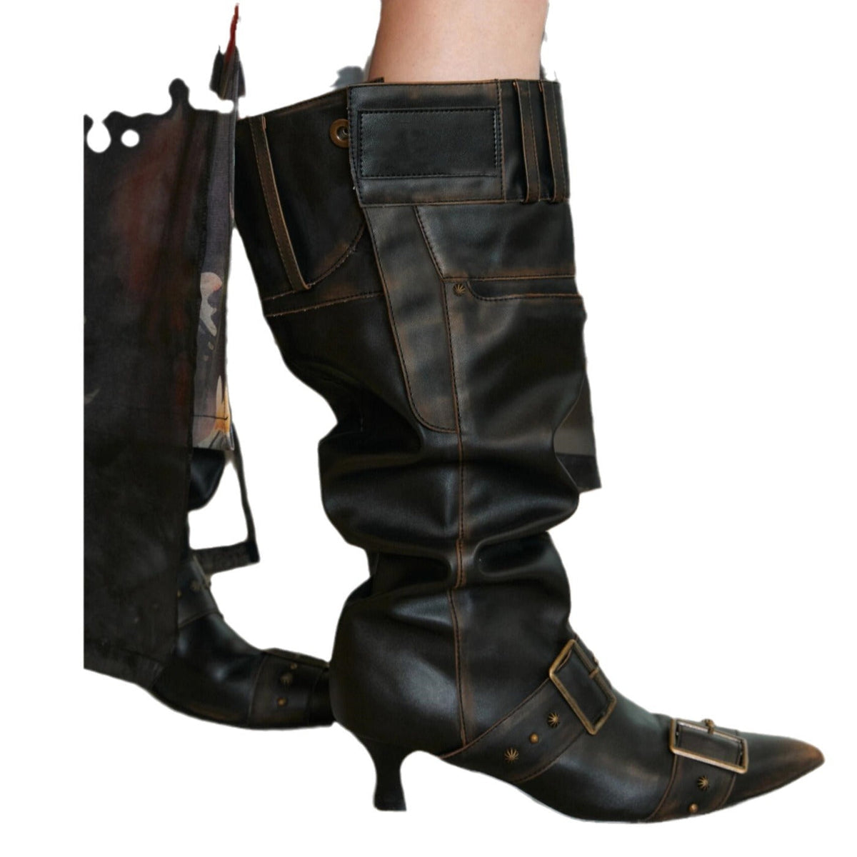 Circumference Fashionable Pile Style Pleated Fashion Retro Rub Colored Women's Leather Boots