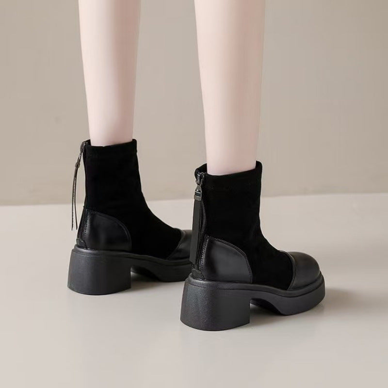 British Style Small Man Platform Chunky Booties Stretch Women's Leather Boots