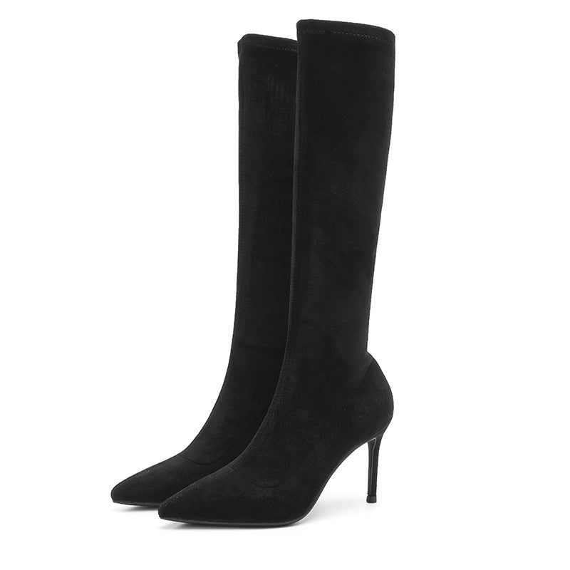 Autumn Black High-heeled Stretch Below The Women's Leather Boots
