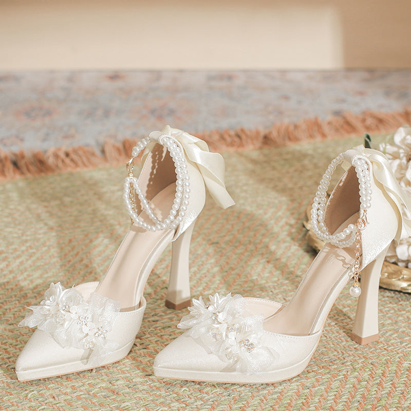 Bow Female Thick Toe Box Low-cut Waterproof Platform Bride Wedding Heels
