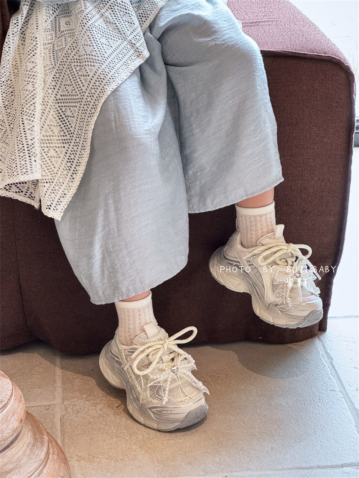 Children's Fashion Rhinestone Pearl Daddy Mesh Breathable Children's Sports Shoes
