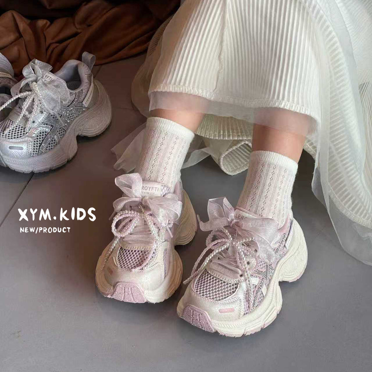 Children's Single Mesh Korean Pearl Bow Rhinestone Children's Sports Shoes