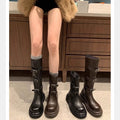 Belt Buckle Round Head Thick Bottom Long Short Women's Leather Boots