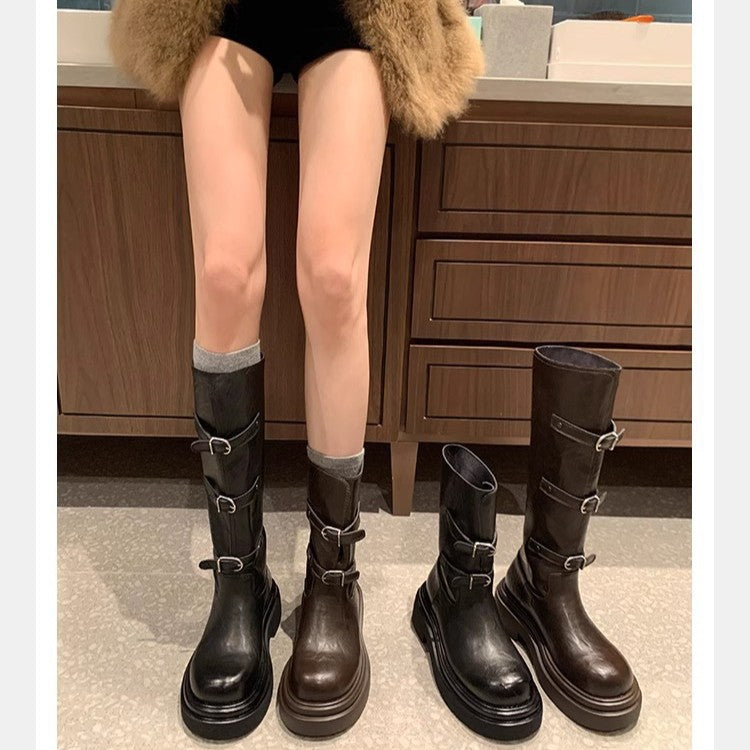 Belt Buckle Round Head Thick Bottom Long Short Women's Leather Boots