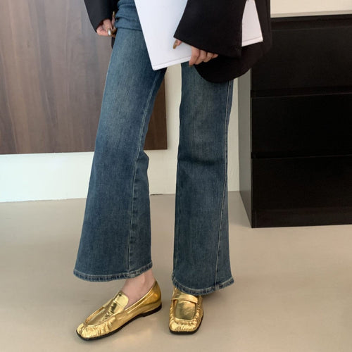 Autumn Retro Square Toe Golden Soft Pleated Neutral Loafers