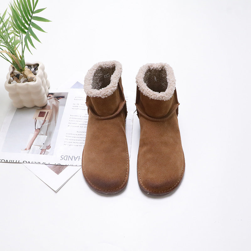 Color First Layer Cowhide Round Toe Slip-on Cotton Low Tube Boots
