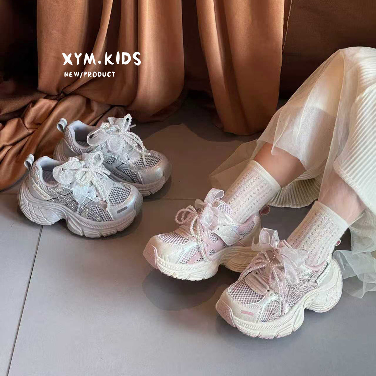 Children's Single Mesh Korean Pearl Bow Rhinestone Children's Sports Shoes