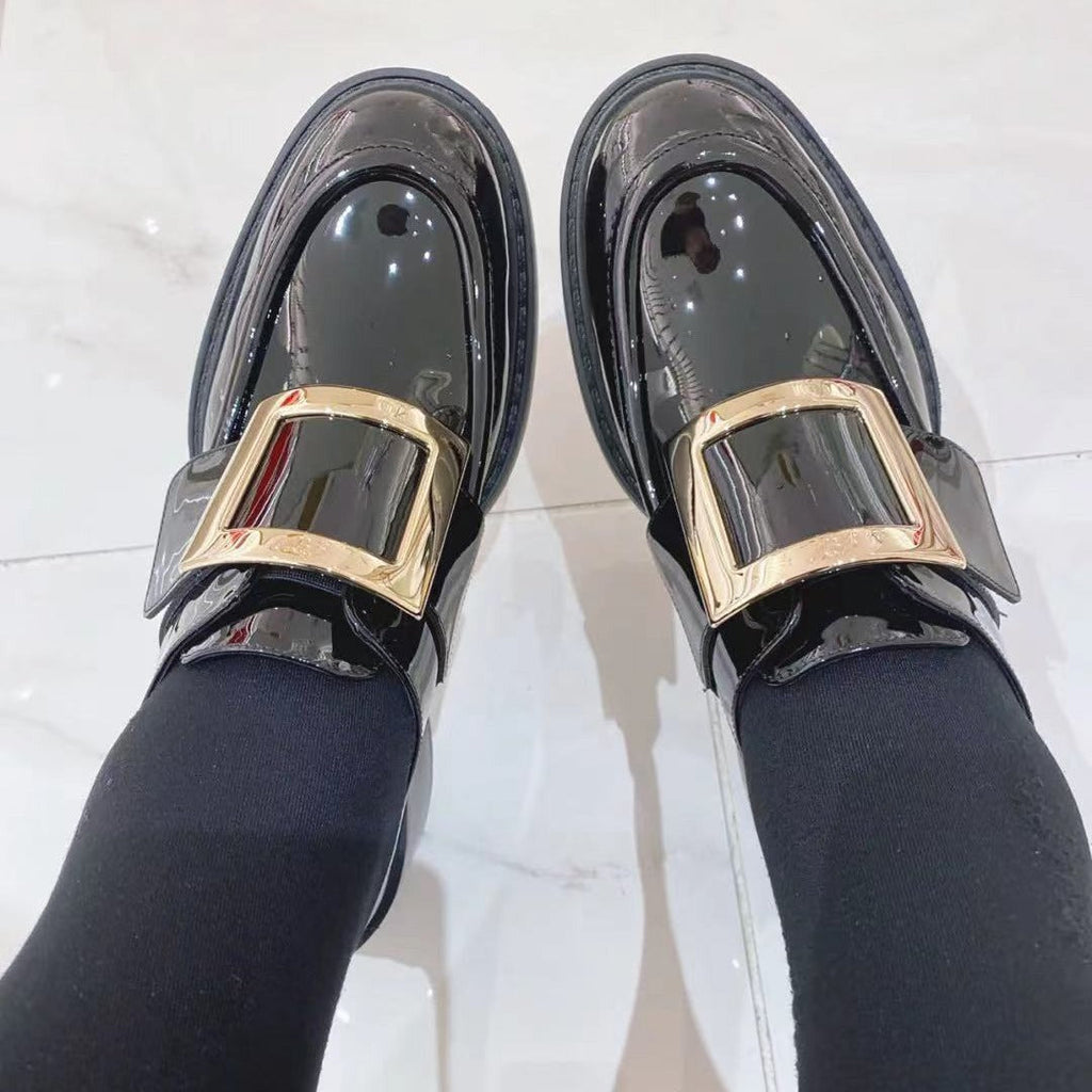 British Style Female Preppy Patent Square Buckle Loafers