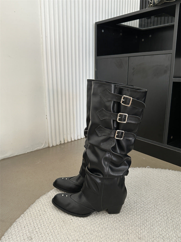 Belt Buckle Punk Pointed Toe Western Cowboy Retro Easy Women's Leather Boots