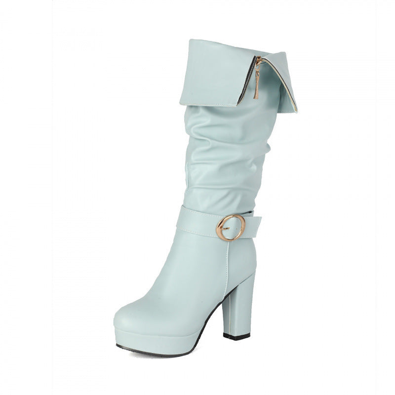 Belt Buckle Knight Fold Two-way Wear High Leg Platform Thick Boots