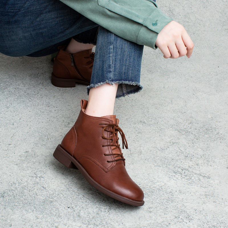 British Style Cow Round Toe Side Zipper Flat Boots