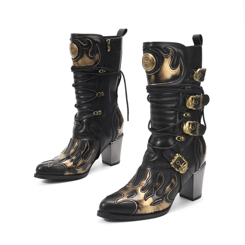 American Size Brushed Flame Middle Side Zipper Fashion Retro High Women's Leather Boots