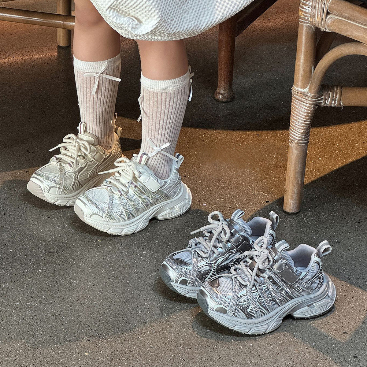 Children's Fashion Rhinestone Dad Korean Style Mesh Surface Children's Sports Shoes