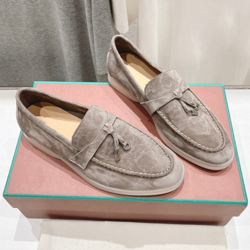British Slip-on Lazy Pumps Deerskin Round Head Tassel Hardware Women's Casual Shoes