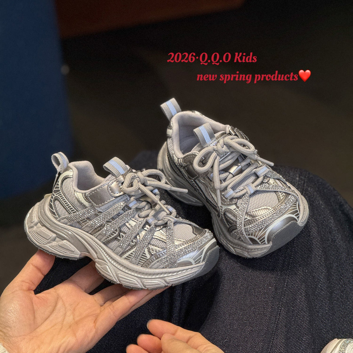Children's Fashion Rhinestone Dad Korean Style Mesh Surface Children's Sports Shoes