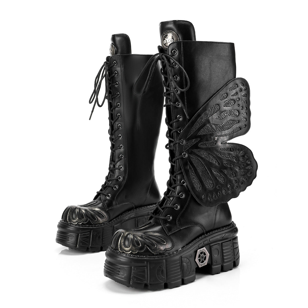 Brushed Sier Extra Dark Motorcycle Heavy Metal Thick Bottom Punk Women's Leather Boots