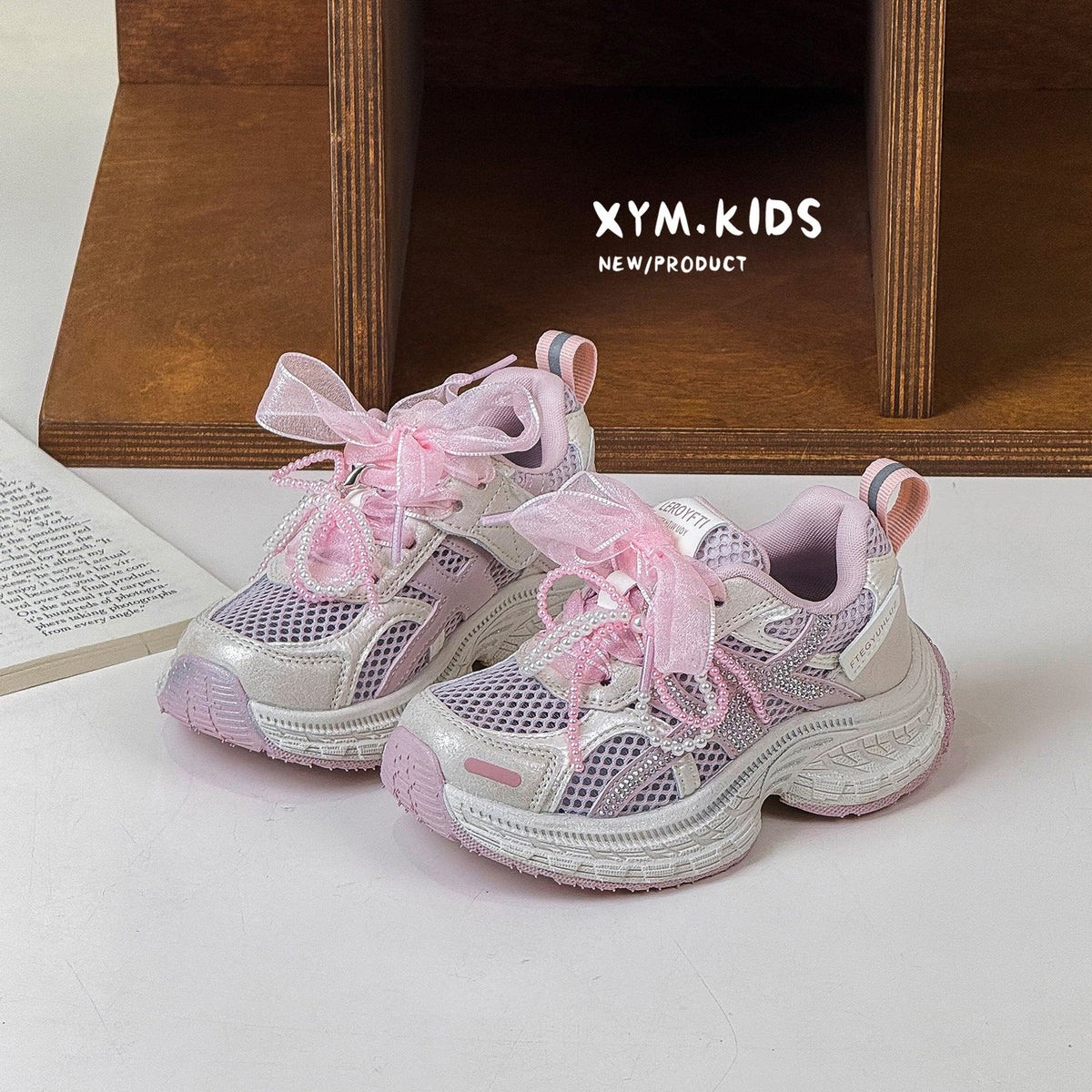 Children's Single Mesh Korean Pearl Bow Rhinestone Children's Sports Shoes