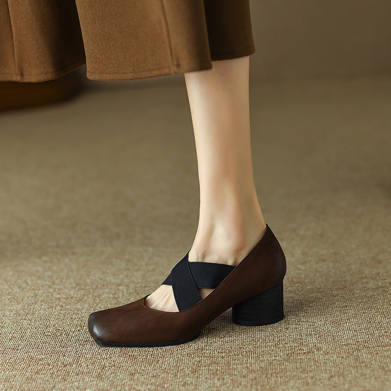 Chunky Low-cut Mid Ballet Dancing High Retro Women's Fashion Shoes
