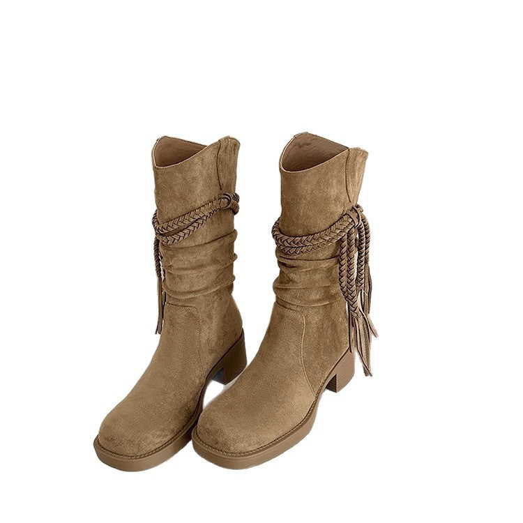 Children's Bottom Waste Retro Style Knight Genuine Matte Hemp Heels