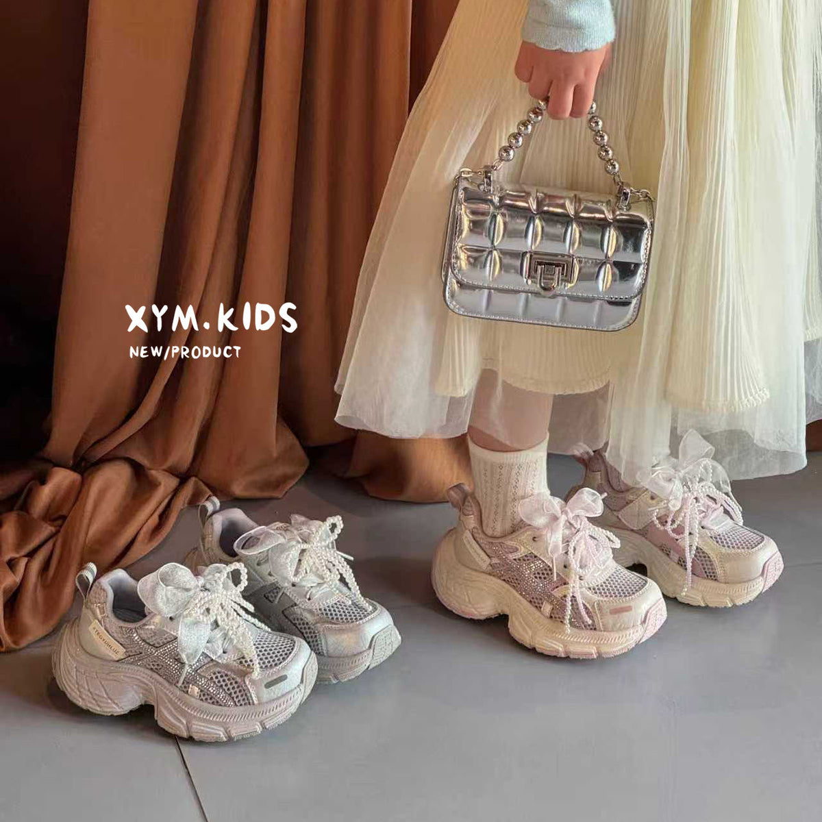 Children's Single Mesh Korean Pearl Bow Rhinestone Children's Sports Shoes