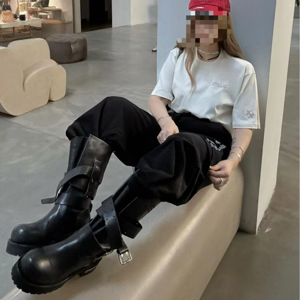 Belt Buckle Venom Big Tube Circumference Thick Bottom Height Increasing Women's Leather Boots