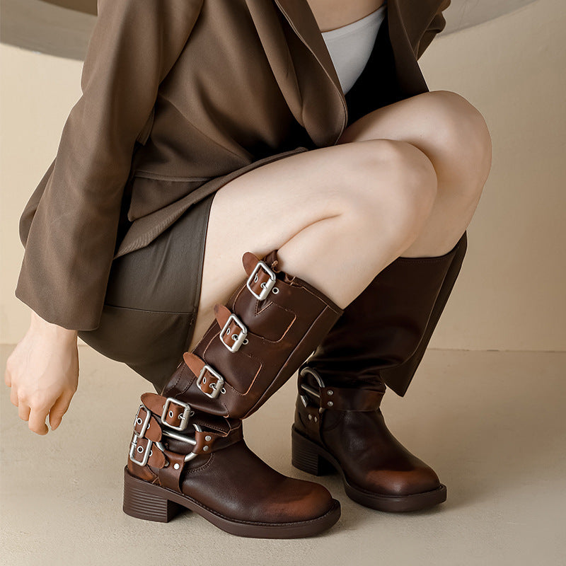 Chunky Below The Knee Long British Style Brushed Western Denim Women's Leather Boots
